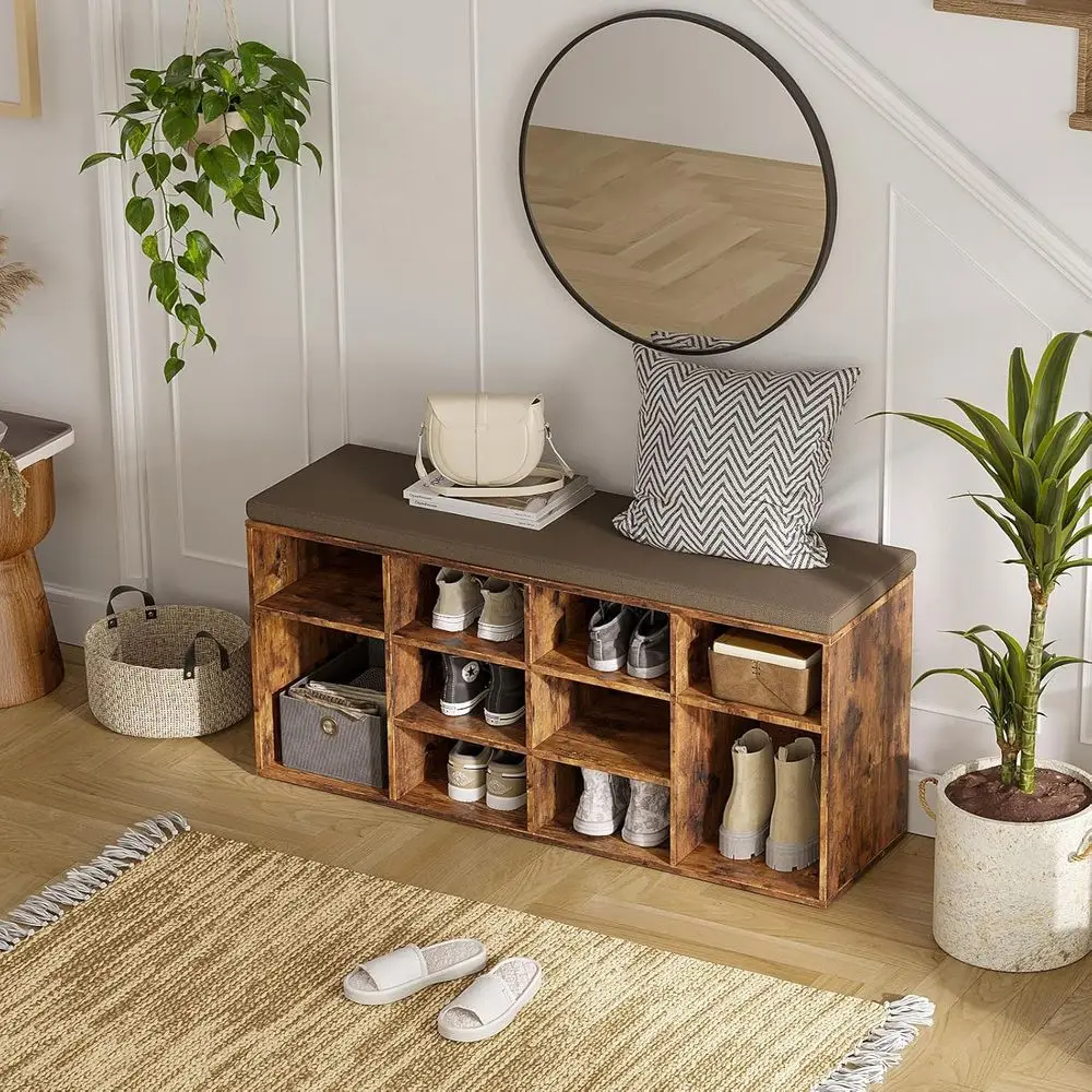 Multi-Functional 12-Cubby Shoe Storage Bench with Cushion, Adjustable Shelves, Rustic Brown for Entryway, Mudroom, Hallway, Clos