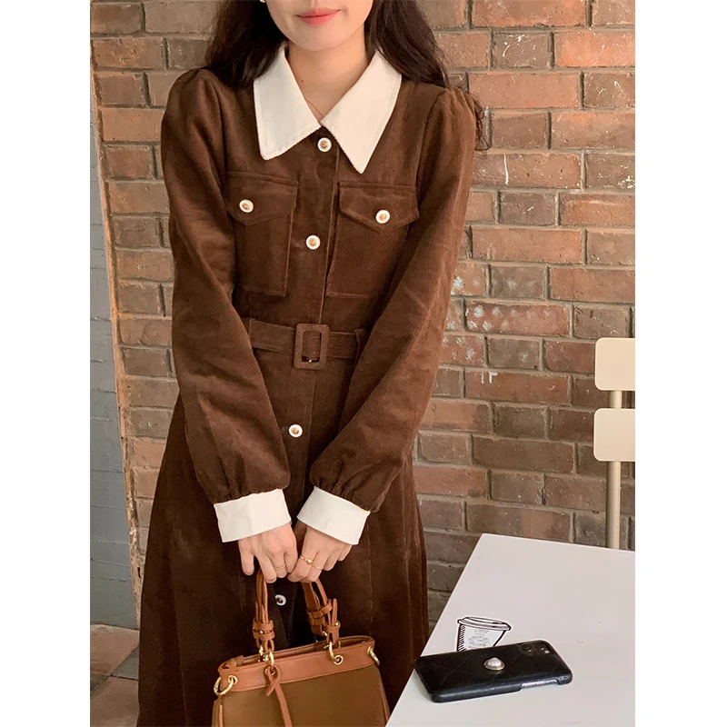 MEXZT Vintage Belt Midi Dress Women Corduroy A Line Dresses Winter Korean Elegant Patchwork Single-Breasted Slim Casual Vestidos