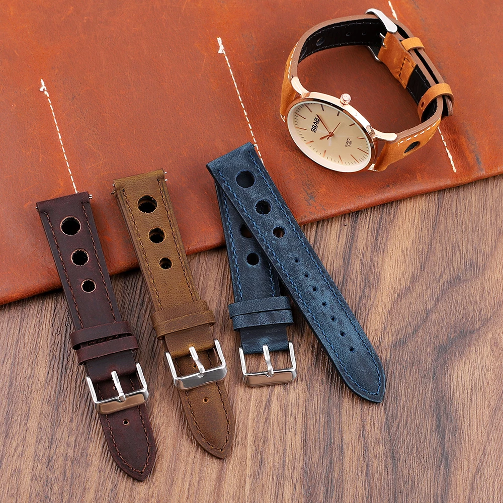 Genuine Leather Watch Strap Three holes Breathable Soft Watch Band 18mm 20mm 22mm 21mm Handmade Universal Watch Belt Brown Blue