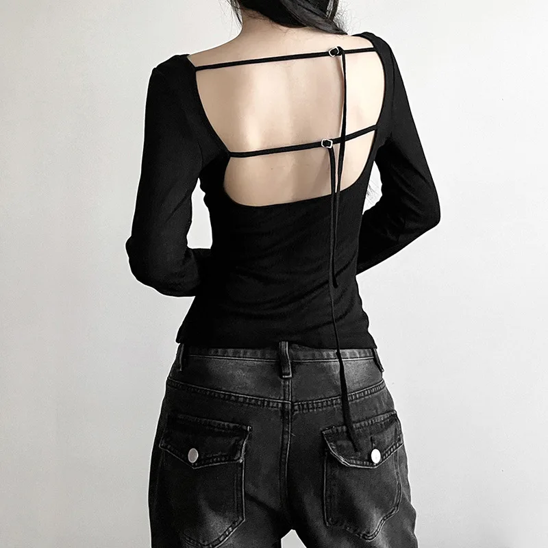 Damen-T-Shirt mit langen Ärmeln, tiefem Ausschnitt, offenem Rücken, schmaler Passform, mit Schnürung, elastischem Stoff, einfarbig, Herbstmode, kurzes Oberteil. – Detail 7