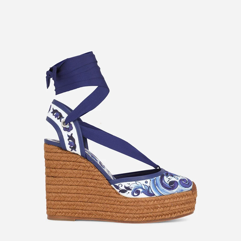 Ethnic Women Braided Wedge Heel Platform Sandals Blue White Porcelain Embroidery Cotton Round Toe Open Lace Ankle Strap shoes