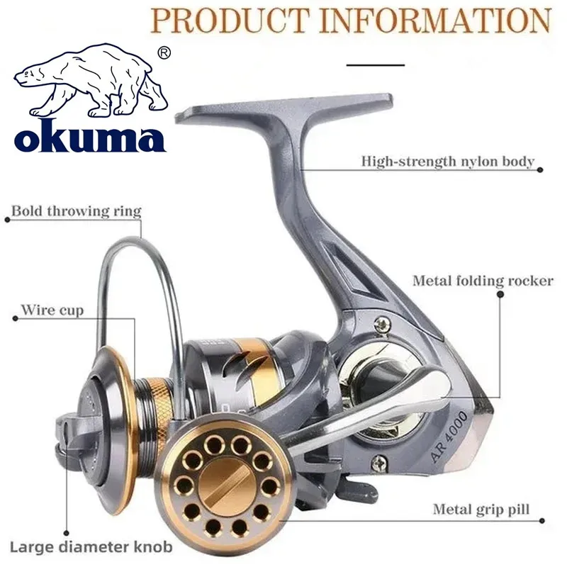 Newest OKUMA AR2000-7000 Fishing Reel Metal Ball Grip Spinning Reel 5.2:1 Metal Reel Cup 12KG Max Drag