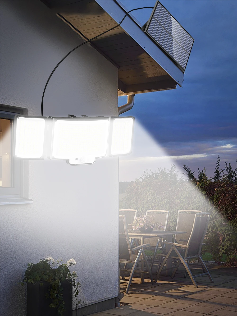 1–2 Stück Solarleuchte für den Außenbereich, IP65, wasserdicht, 366 LEDs, Solar-Flutlichter mit Bewegungssensor, 3 Beleuchtungsmodi, 3 Köpfe, Sicherheitsleuchte mit Fernbedienung für die