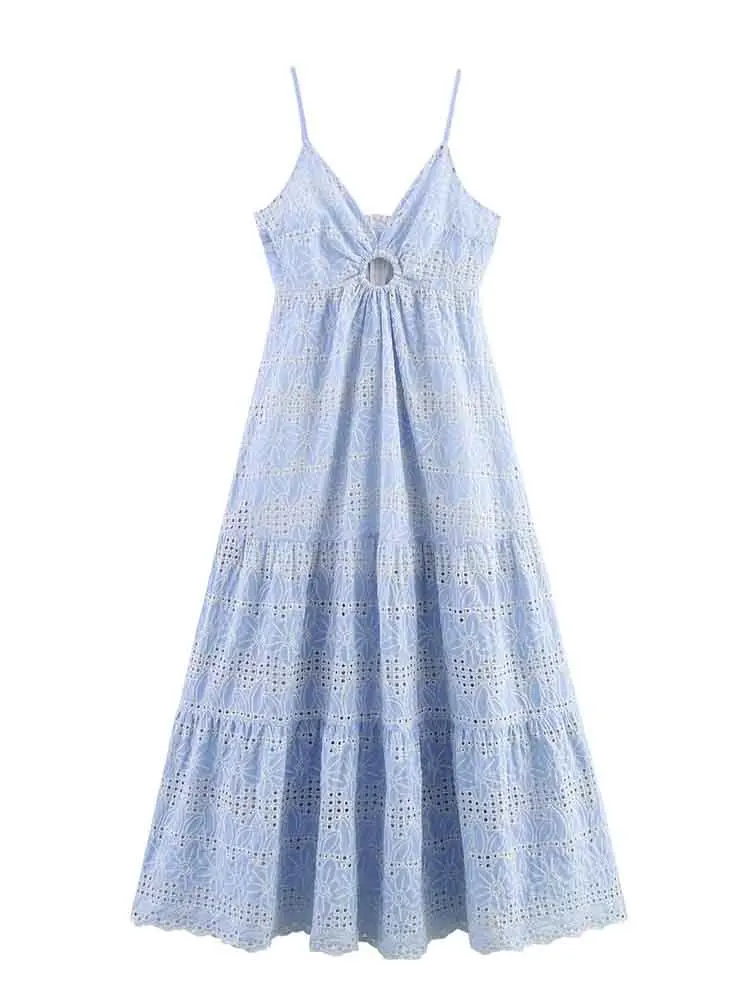 

European style new women's fashion versatile temperament embroidered large swing sling V-neck dress