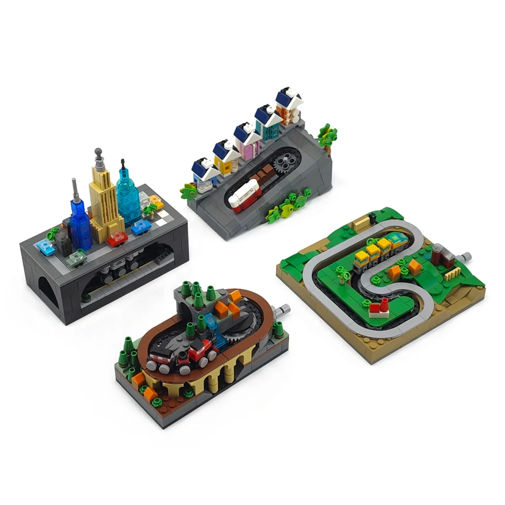 MOC 트랙 기차 세트 DIY 조립 알파인 철도 시골 기차 지하철 핸드 크랭크 이동식 미니 거리 장면 빌딩 블록 장난감