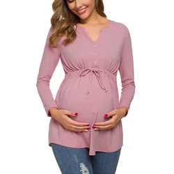 New Maternity Breastfeeding T Shirt Spring Autumn V Neck Solid Color Long Sleeve Plus Size Breastfeeding Top Maternity Wear