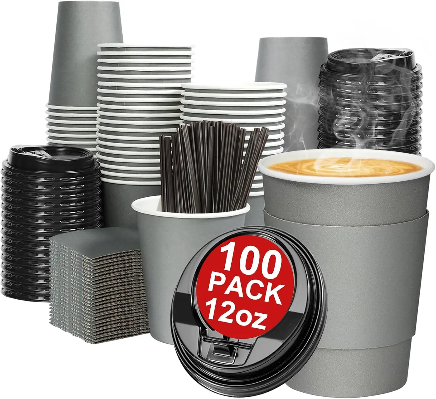 

100 Pack 12 oz Disposable Paper Coffee Cups with Lids and Sleeves and Stirring Sticks, Leak-free Disposable Insulated Paper C