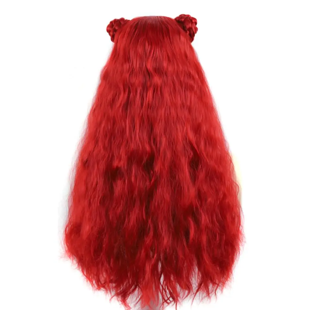 Idea for Movie Anime Cos, Perruque Bouclée Rouge Longue avec Buns Tressés pour Femmes, Bol et Enfants, Convient à Tous, Résistant à la Chaleur à la Réutilisation