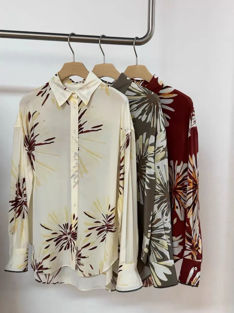 

Women 100% Silk Fashion Blouse Top Beaded Cuff Long Sleeve Turn-down Collar Single Breasted Vintage Ladies Shirt