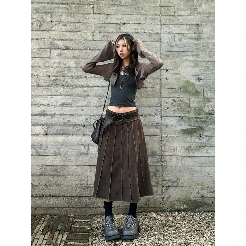 Women's A-line Denim Pleated Skirt Vintage 90s Aesthetic Y2k Long Jean Skirt Harajuku Korean Cowboy Skirts 2000s Clothes Autumn