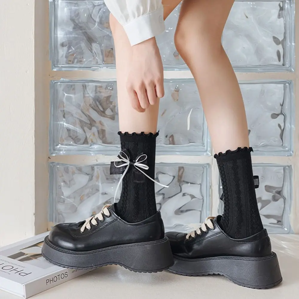 Harajuku Style JK Uniform Socks Lolita For Girls Cotton Double Bow Bow Socks Female Hosiery Ruffle Socks Middle Tube Socks