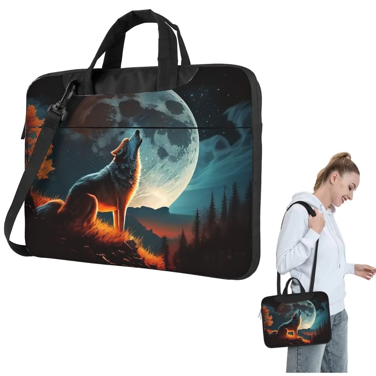 Howling Wolf Under The Moonlight Print Crossbody Laptop Bag Case Computer Bag 13 14 15.6 Inch Notebook Pouch for Macbook Pro