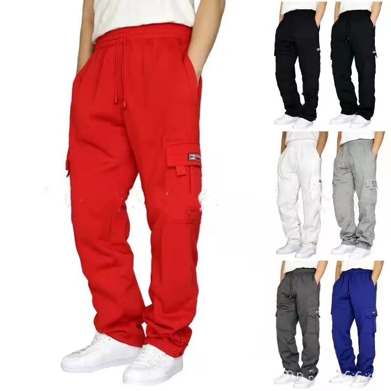 New Sports And Leisure Trousers Fleece Tied Feet Multi-pocket Tether Men's Sweatpants Tooling Trousers