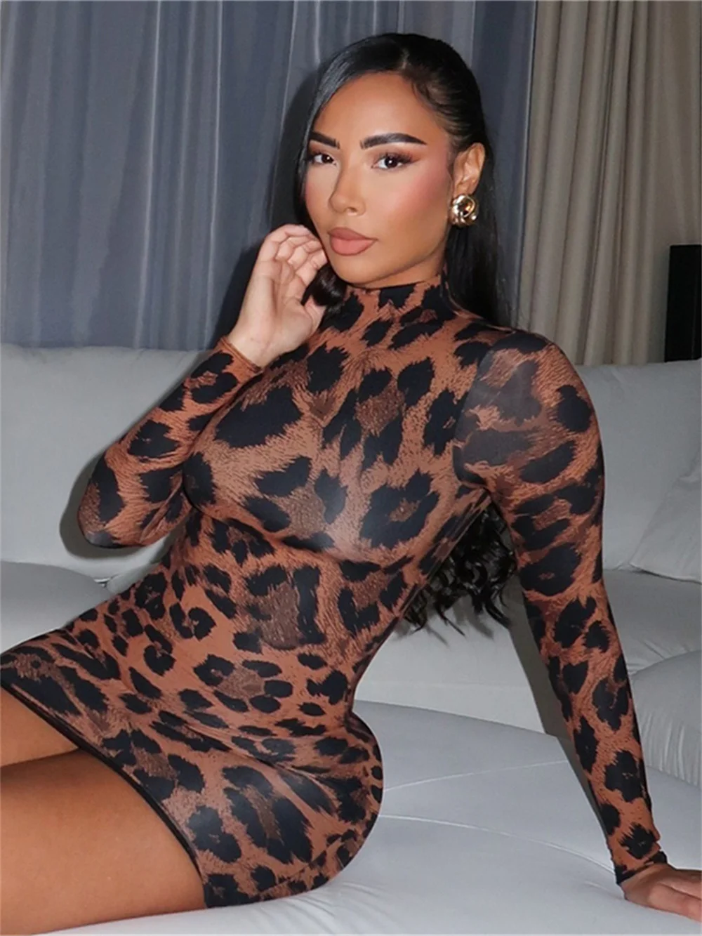 Weird Puss Sexy Mini Dress Women Leopard Print 2025 Spring Hipster Fashion Full Sleeve Streetwear Stretch Fit Turtleneck Bodycon