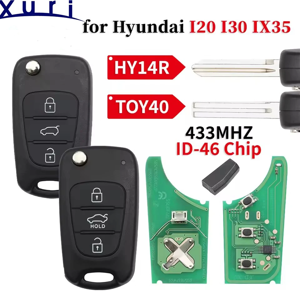 

Xuri For Hyundai I20 I30 IX35 Avante 433Mhz ID46 Chip 3 Buttons Flip Folding Car Remote Key Fob TOY40HY14R Blade Replacement Key