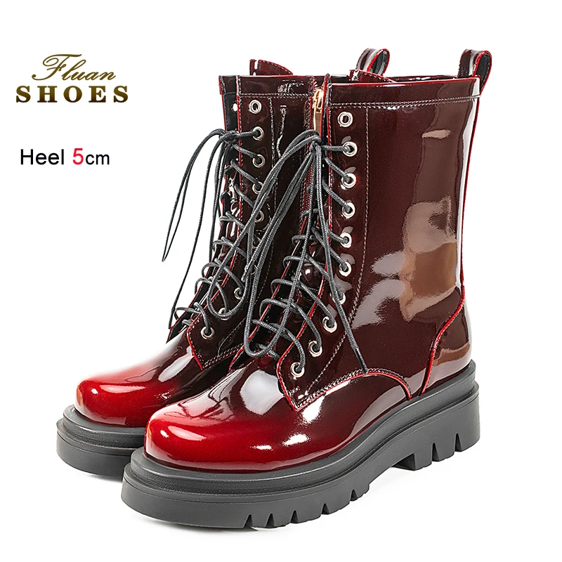 

Модные сапоги до середины икры, женские лакированные кожаные сапоги градиентного цвета с круглым носком, на шнуровке, осенне-зимняя повседневная обувь на массивном каблуке 5 см