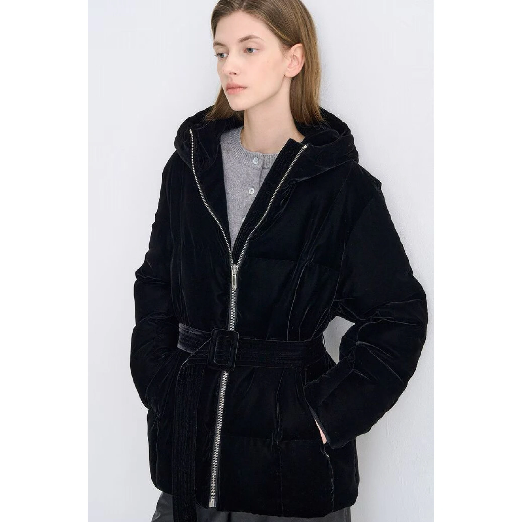 Casual Queso Limón TIM25 Invierno Largo Con Capucha Cinturón Versátil Adelgazante abajo Jaet Acolchado Goose Down Cálido Thiened Long Sle...