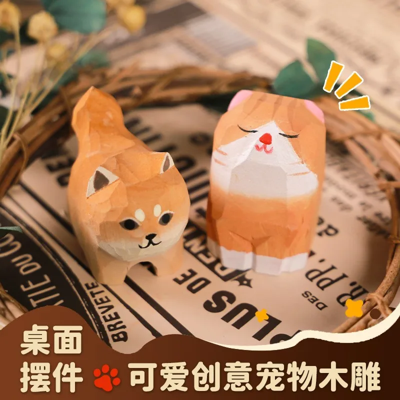 Hand‑carved wood figurine gift of cute Shiba Inu, cat doll