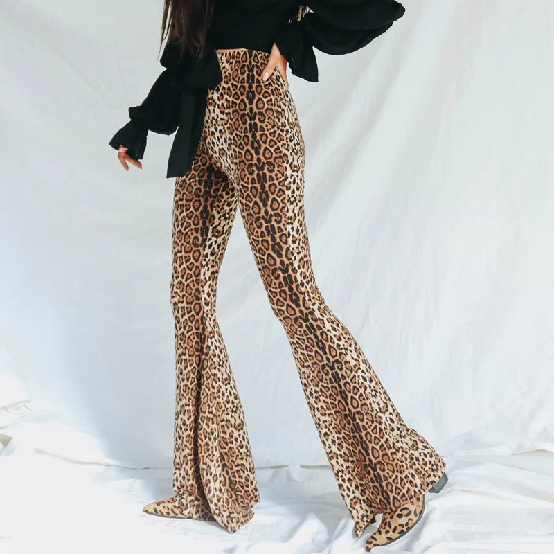 European and American high-waisted casual pants, stylish, tailored, leopard print flared pants.