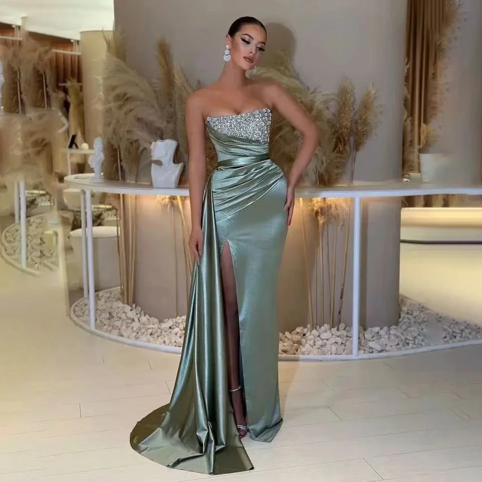 

CustomizedSimple Satin Prom Dress 2025 Sexy Evening Dresses High Split Backless Robes For Formal Party Sequin Vestidos De