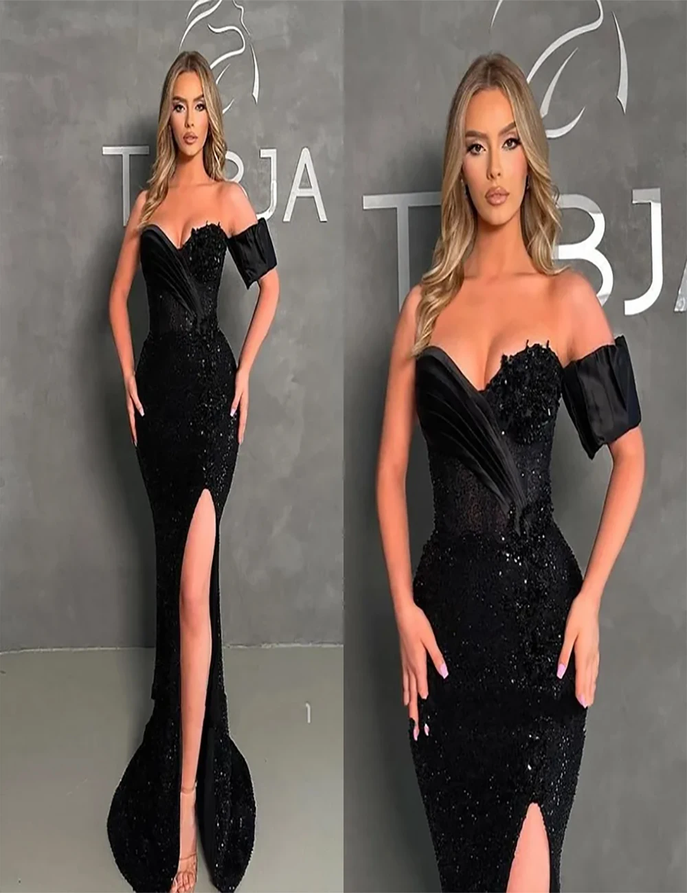 Elegante preto longo querida lantejoulas sereia vestidos de baile formais vestidos de noite com alta fenda frontal feminino robe