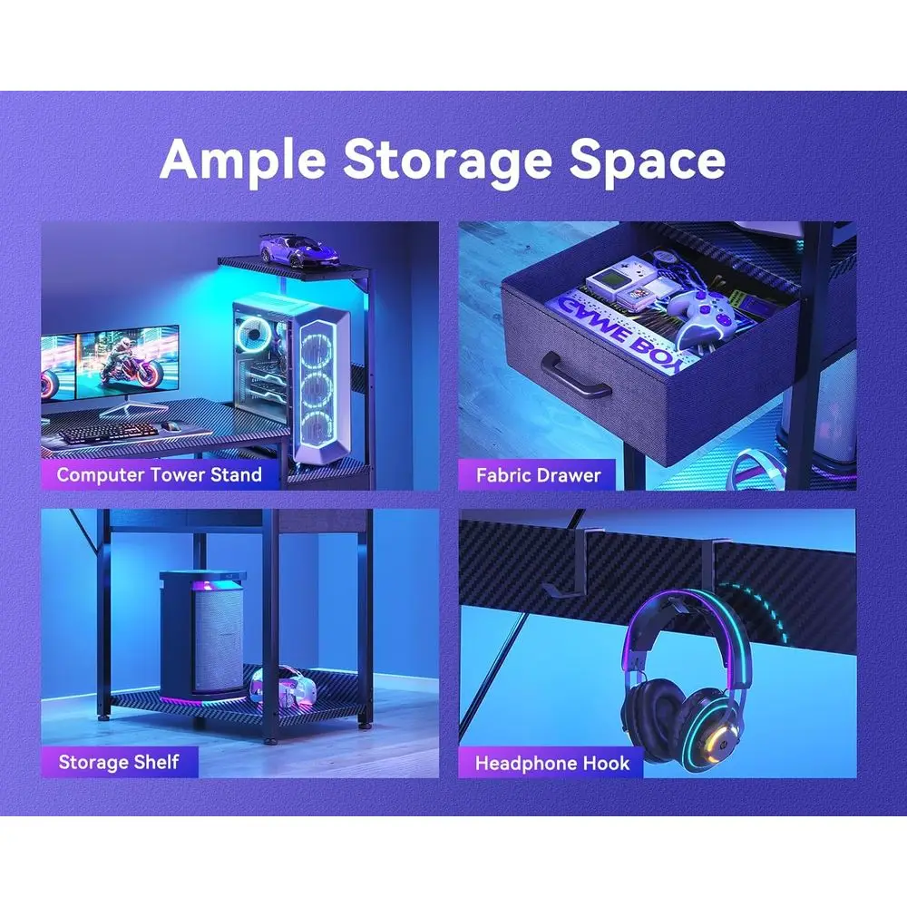 مكتب ألعاب مضاء بإضاءة LED مقاس 48 بوصة مع مساحة تخزين وتصميم عكسي وأدراج قماش وخطاف سماعة رأس جانبي من ألياف الكربون