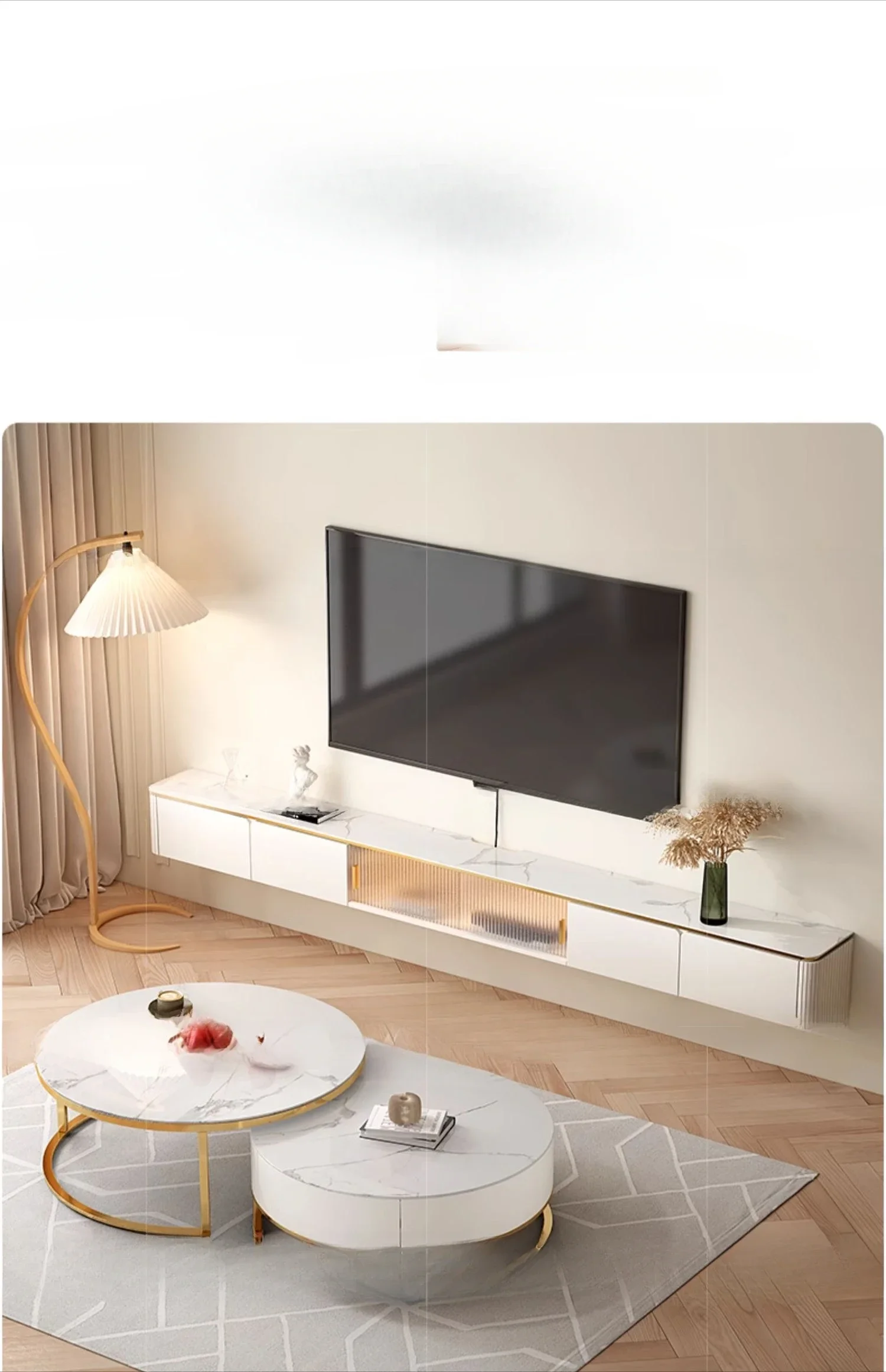 

Rock suspended wall mounted TV cabinet with cream, minimalist, ultra-thin, extremely narrow, and 30cm wide. Small living room