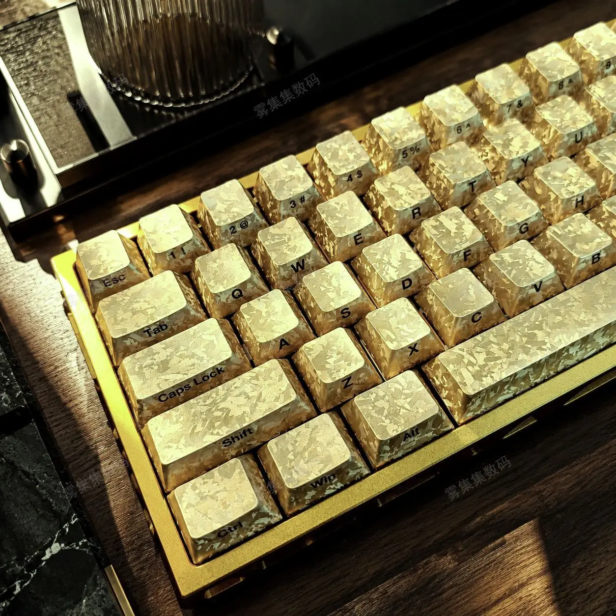 119 Keys Gold Frosted Carbon Fiber Keycaps, Metallic Paint+PC Side Printed Shine Through Keycap Set, Cherry Profile