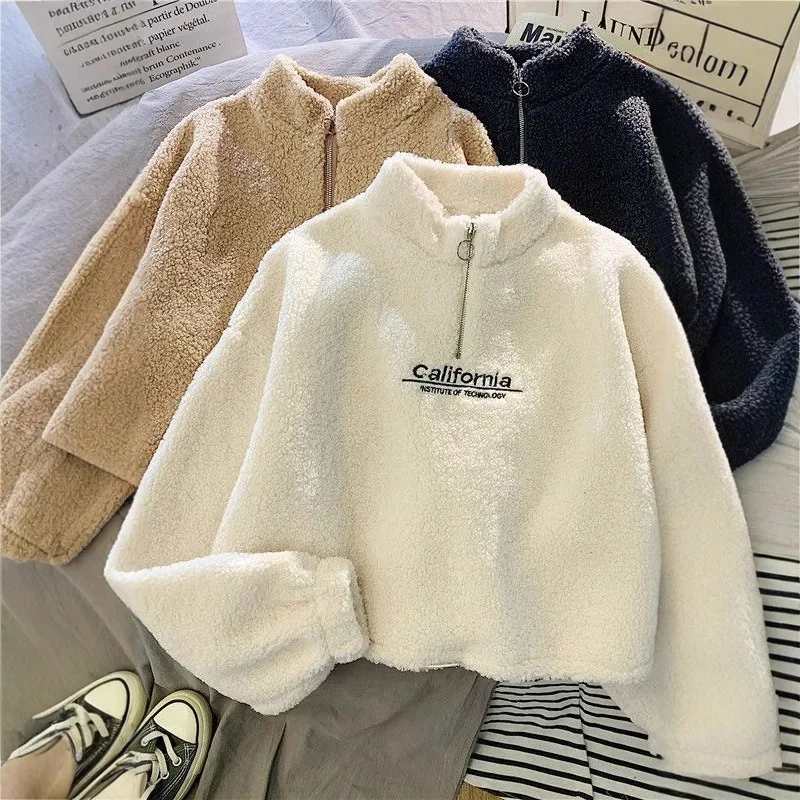 Half High Collar Sweatshirt Faux Lamb Wool Sweatshirt Thick Warm Zipper Sweatshirt Casual Short Crop Jacket For Women