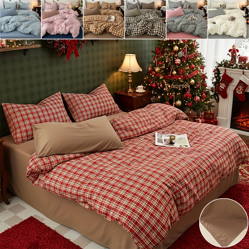 

Simple Plaid Bedding Set Christmas Style Skin-friendly Breathable Quilt Cover Machine Washable for Home Bedroom Guest Room 침구세트