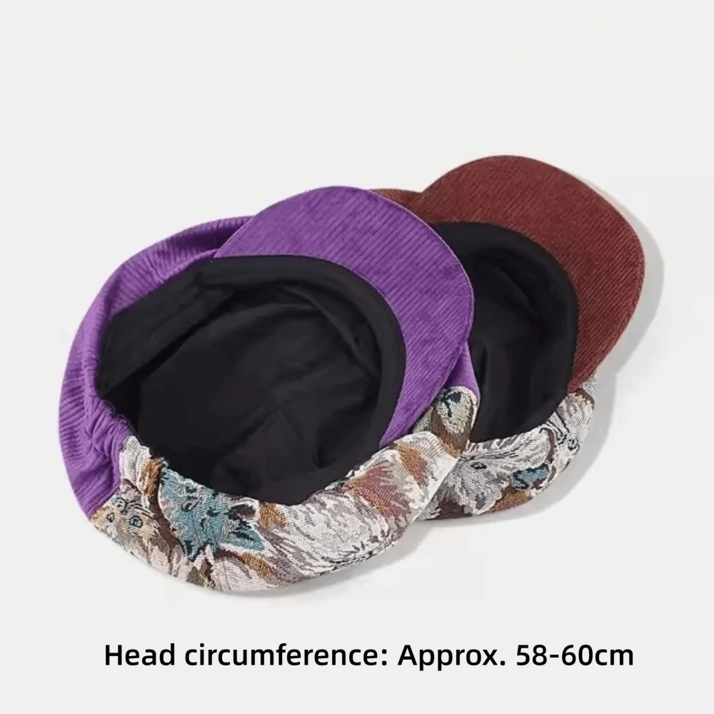 Casual Corduroy Retro Beret Puppy Patchwork Jacquard Newsboy Cap Short-Brimmed Octagonal Cap 6