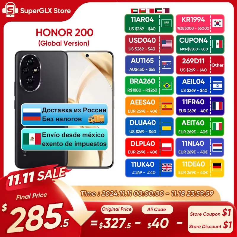 2024 New Original HONOR 200 Global Version Snapdragon 7 Gen 3 5G Smartphone 6.7'' AMOLED Display Support HONOR 100W SuperCharge