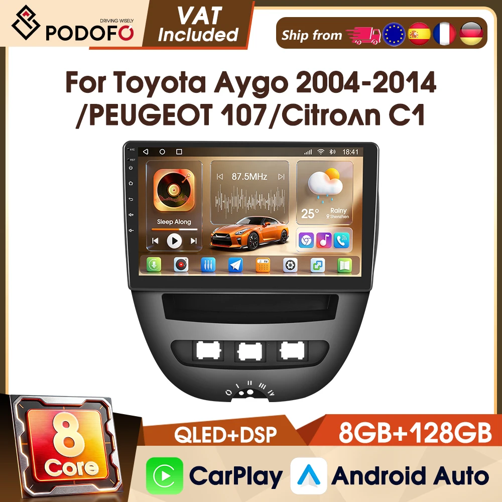 Autoradio Android 10.1" Podofo per Toyota Aygo 2004-2014/Peugeot 107/Citroen C1, Autoradio DAB, Carplay, Android Auto, Sistemi Intelligenti per Auto