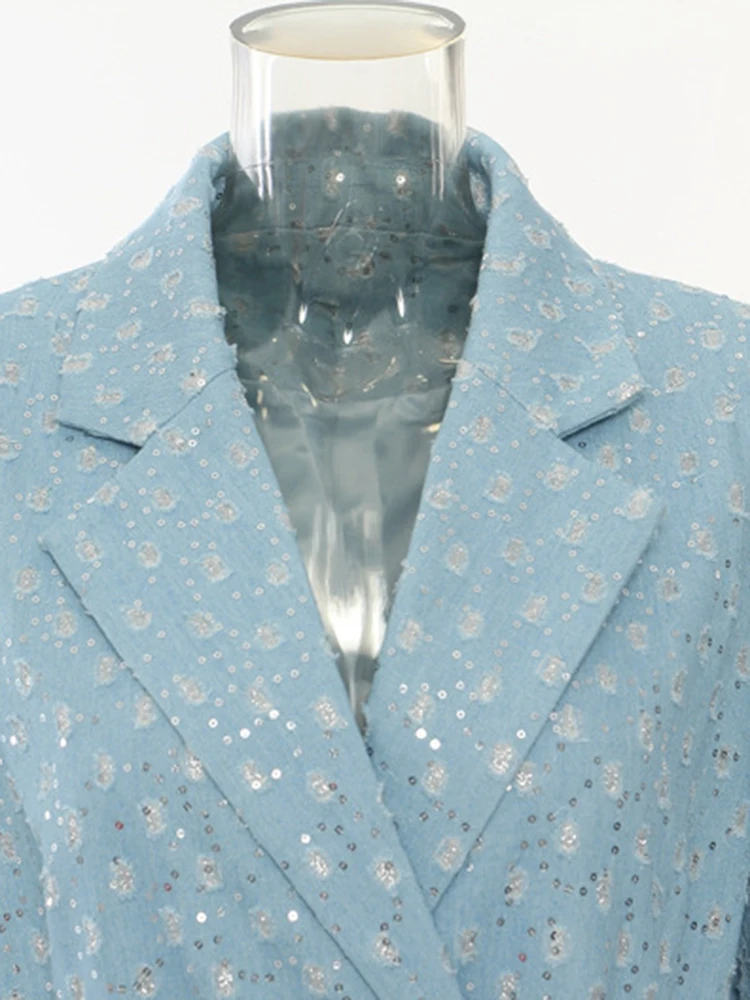 Women Jacket Blue Denim Sequins Big Size Thick Long Blazer New Lapel Long Sleeve Jacket Fashion Tide Spring Autumn New2025пиджак
