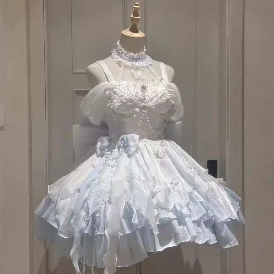 Verano dulce Lolita Y2k Mini vestidos mujeres encaje Patchwork manga corta elegante vendaje francés Vintage Vestido corto de fiesta Mujer