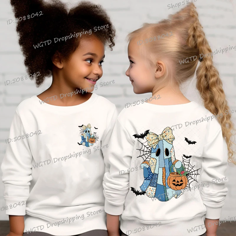 

New 90s Kawaii Boo Pumpkin Halloween Sweatshirts Children's Clothing Long Sleeve Crewneck Fun Ghost Girls Boys Sweatshirt Tops