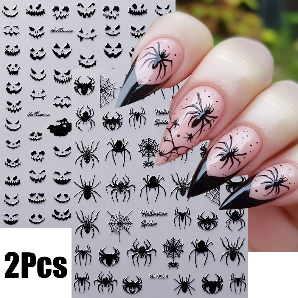 

2-Sheet Black Spider&Ghost Face Halloween Nail Sticker 5D Glossy Bat/Pumpkin/Skull/Spooky/Black Cat Nail Slider Horror NailDecal