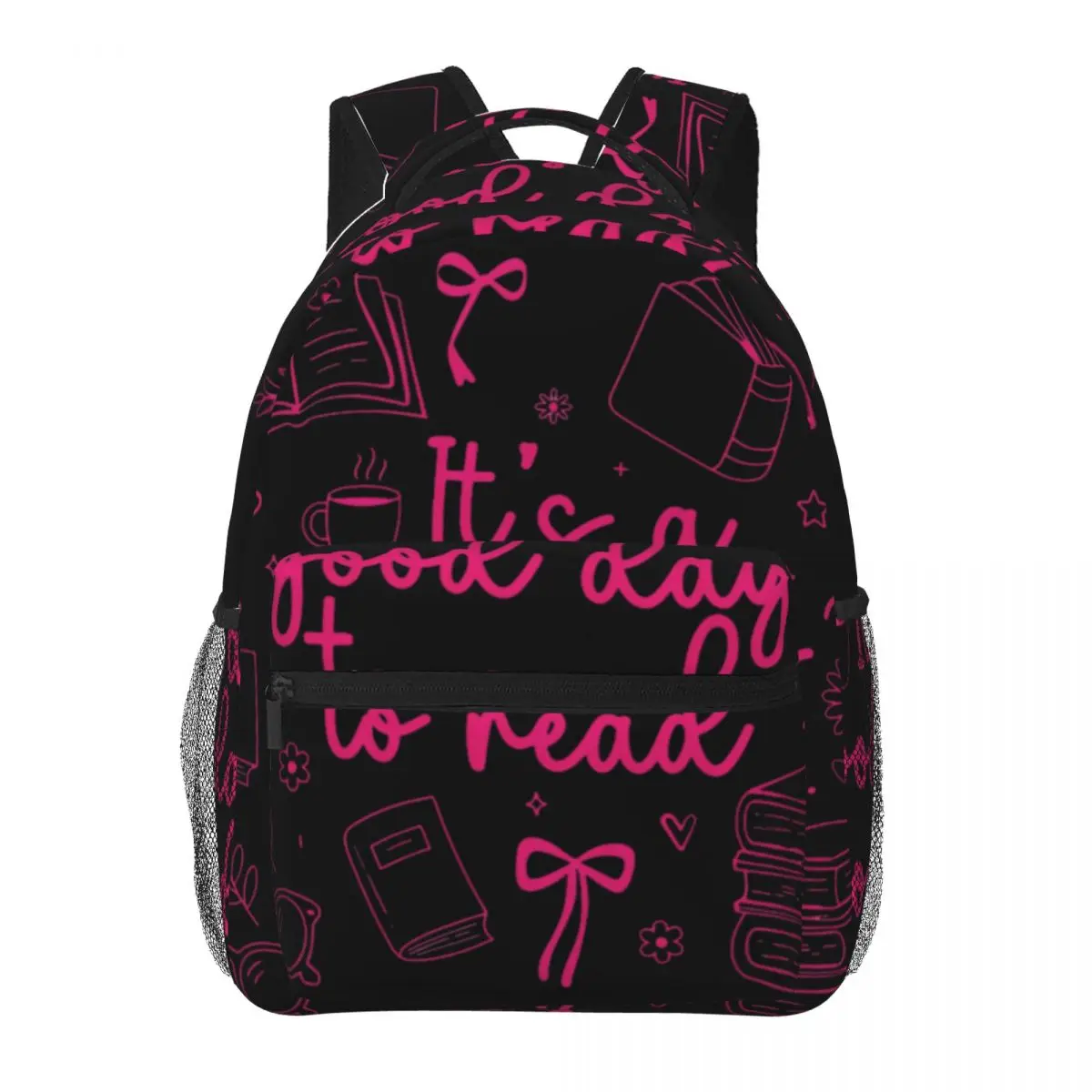 Romantic Cute Backpack Clustered Read Day Books Bows Coquette Book Lover Line Art Pink White Girls Bookbag for Valentine Class