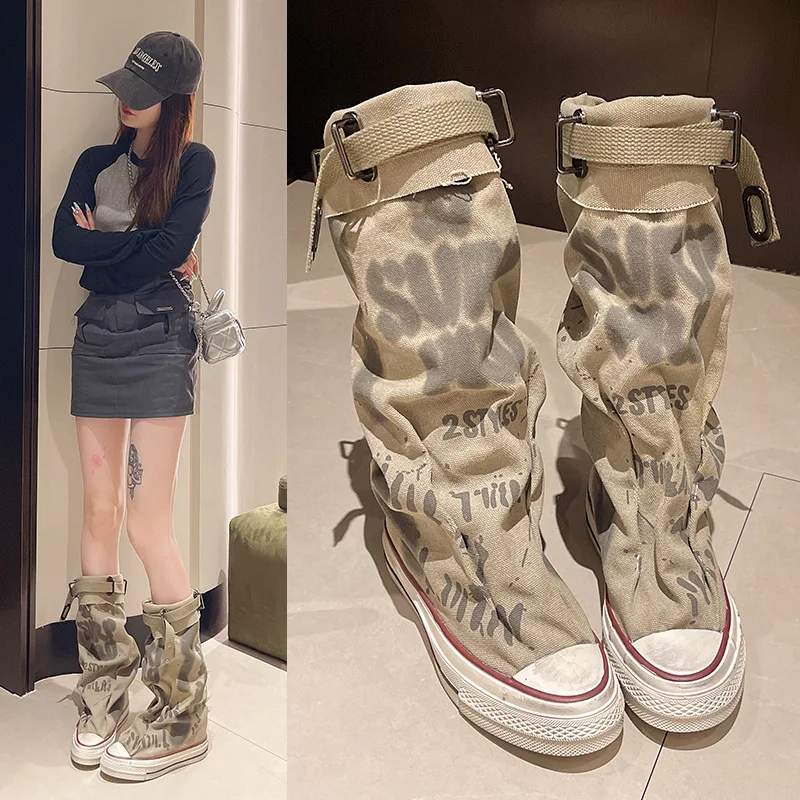 AW Women Graffiti Canvas Sneakers Flats Designer Mid Calf Snow Boots Fashion Shoes Woman Trend New Punk Chelsea Boots Lady Shoes