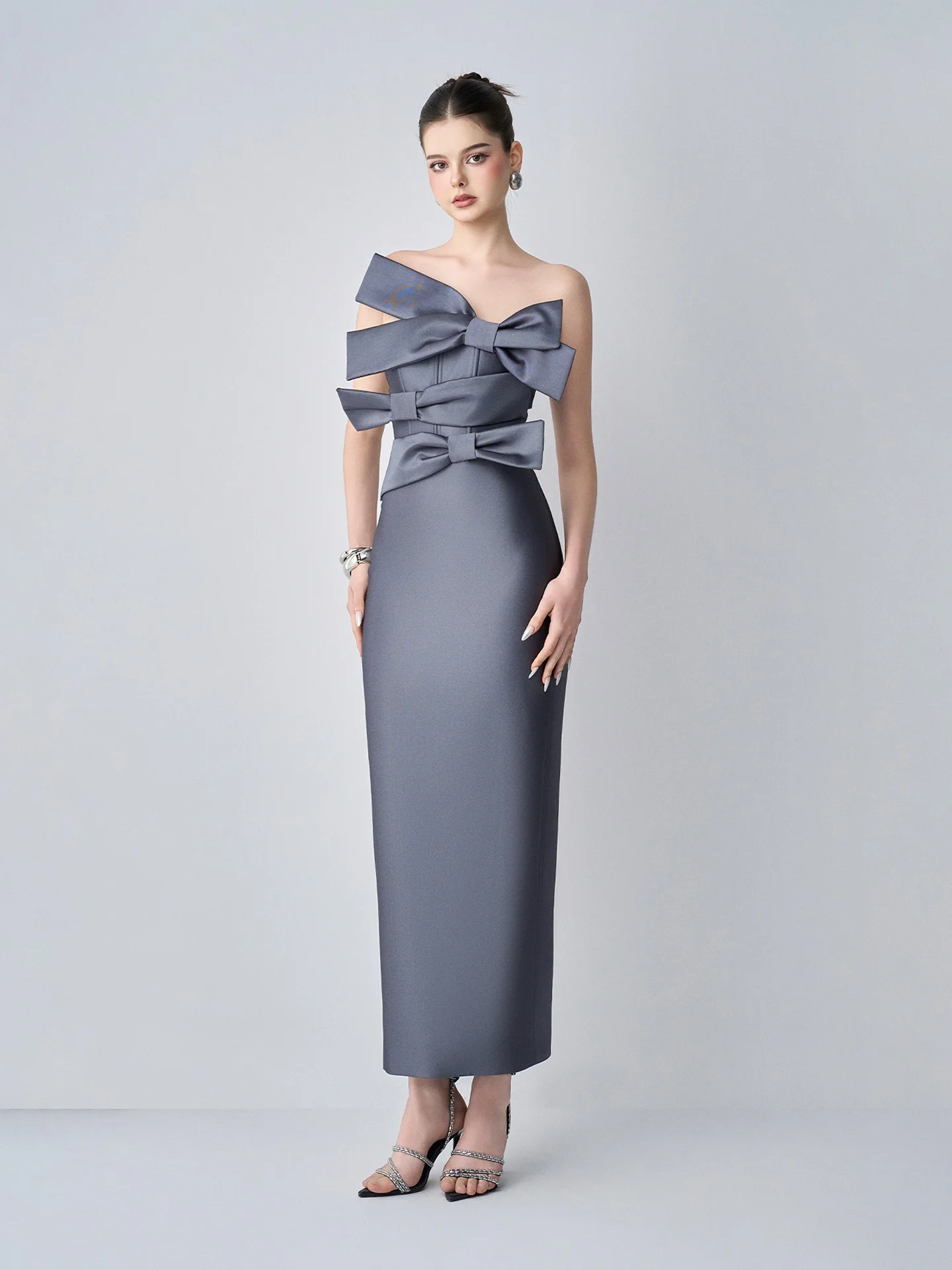 Elegant Dark Grey Satin Maxi Party Dress Ankle Length Long Mermaid Casual Dresses Strapless With Bow Evening Dresses Office Lady