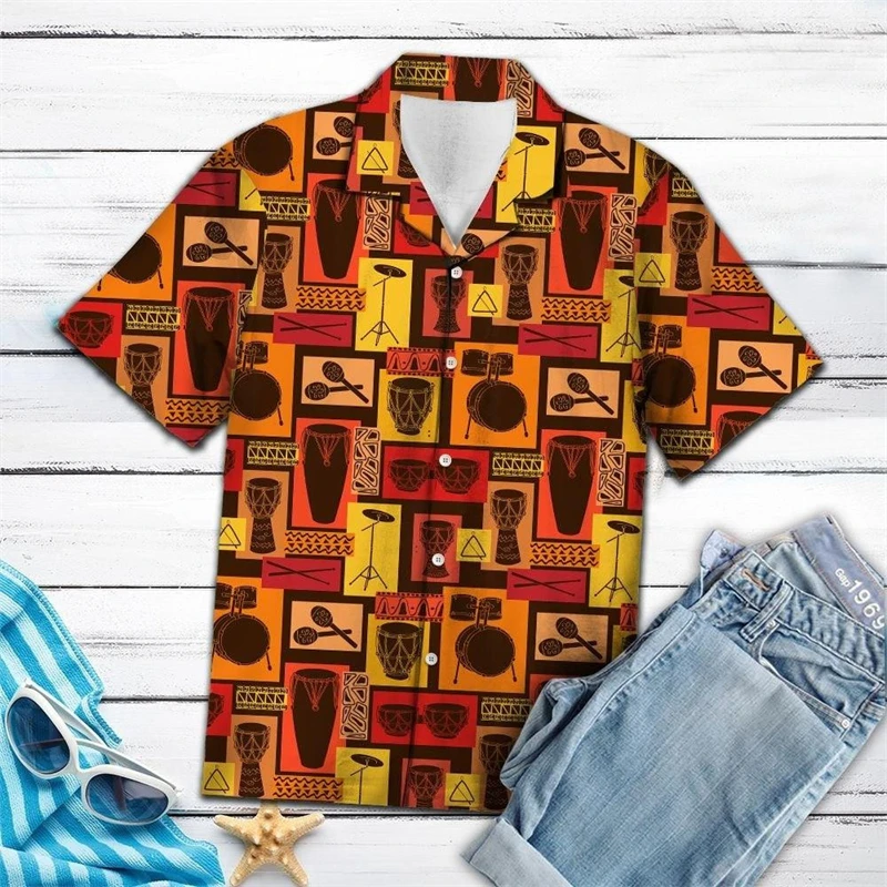 

Men's Designer Hawaii Shirts Short Sleeve African Drum Pattern Tops Fashion Streetwear 3d Print Hip-hop Casual Camisa Clothing