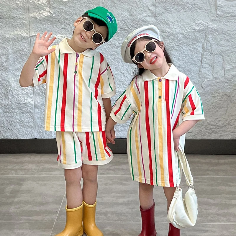 

Cousin Spring Outfits Striped Turn-Down Collar Sister Clothes Tops Pants Summer Boys Shorts 2PCS Suit Set Children Girls Dresses