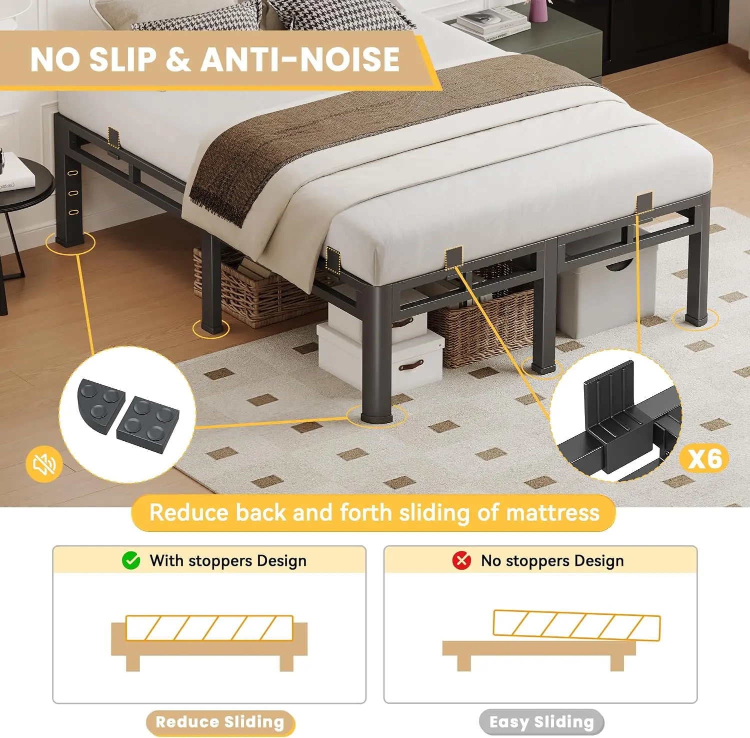 King Size 14 Inch 2-in-1 Double Layer Heavy Duty Metal Platform Bed Frame, Holds Up to 4000 Lbs, Noise Free Base with Round Corner Legs, 6 Anti-Slip Mattress Stoppers, Reserved Headboard Holes, 10 Inc image 4
