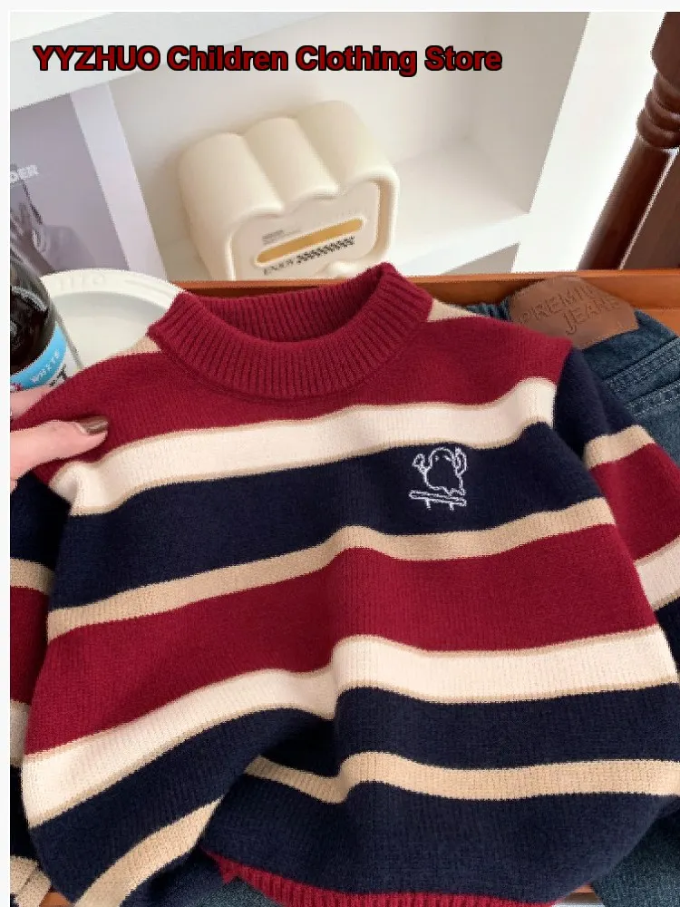 Boys Stylish Knit Sweater 2025 Autumn Striped Knit Top Round Neck Soft Skin-Friendly Medium Kids