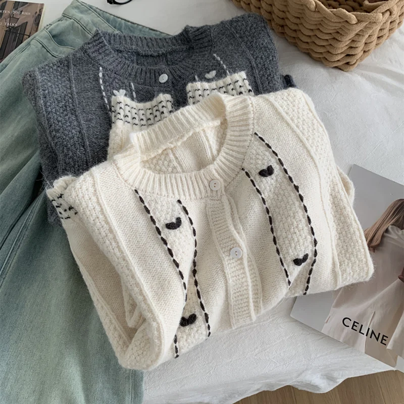 Vintage Häkeln LIEBE Gedruckt frauen Strickjacke Herbst Winter Sanfte Lange Hülse Lose Pullover Jacken Weibliche Weiche Strickwaren