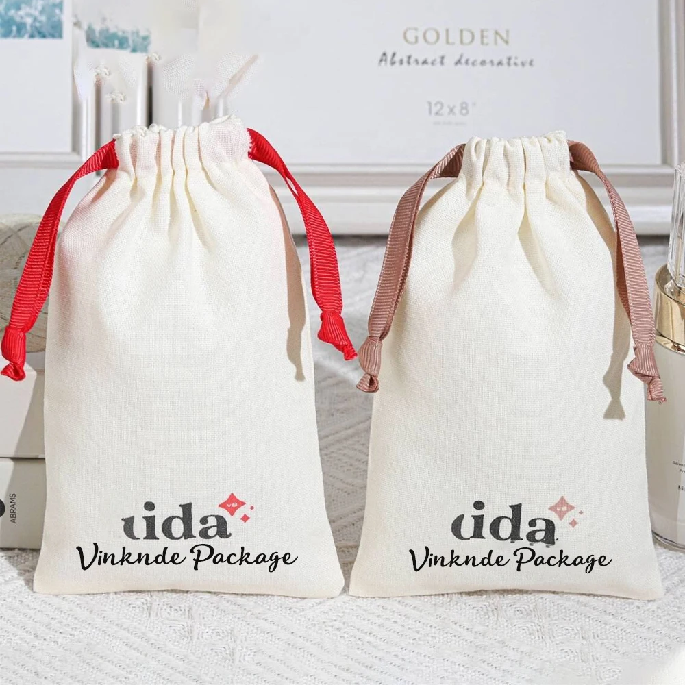 

50Pcs Bulk Custom Small White Cotton Drawstring Pouch Jewelry Necklace Ring Bags with Logo Ribbon Recyclable Wedding Gift Sack