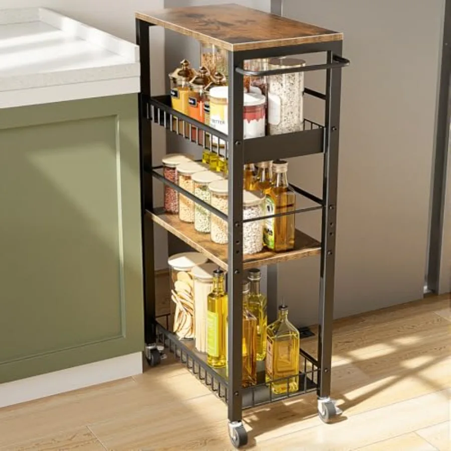 

Узкая 4-ярусная тележка для хранения на колесиках, металлическая кухонная тележка для небольших помещений, выдвижные полки для хранения
