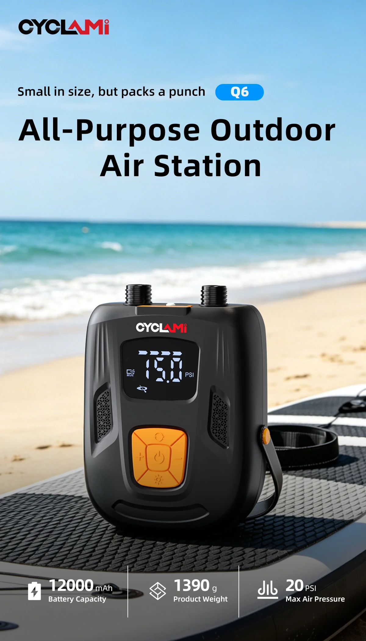 2026 NEU 12000mAh 20PSI Wiederaufladbare Luftpumpe für Aufblasbare Zelte SUP PVC-Boote Kajak-Zubehör für Surfen Kitesurfen Matratzen – Detail 3