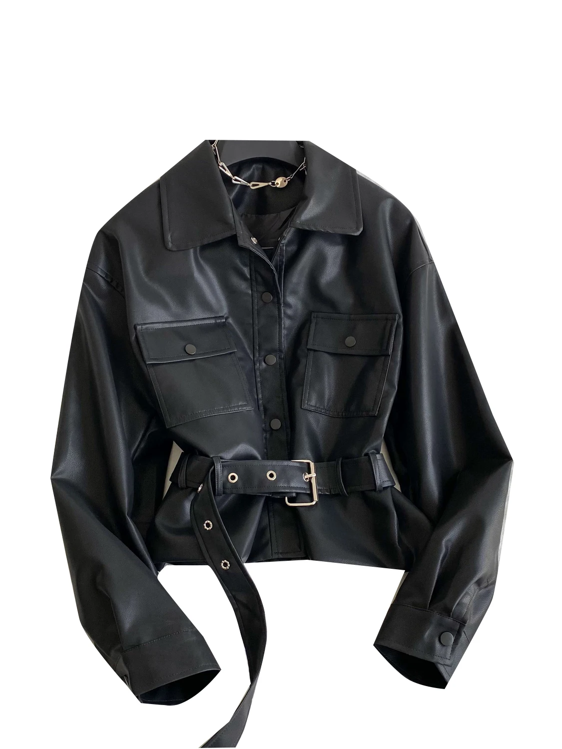 Ele Retro Briti Sle PU Leather Jaet Women's Autumn 2025 New Belted Waist ort Top Button Closure Long Sve