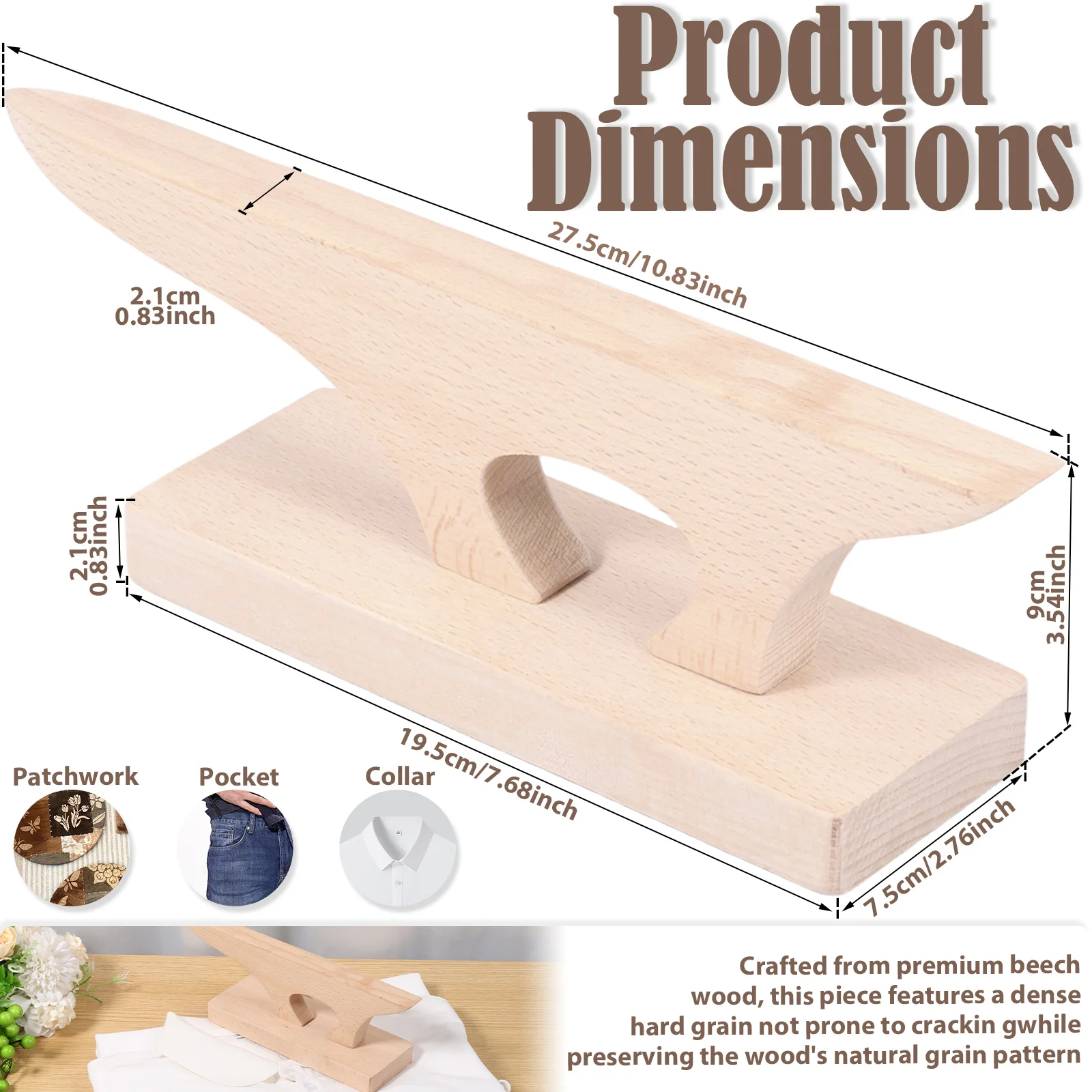 2 In 1 Tailor Point Press Clapper Dual Function Beech Wood Tailor Point Presser and Pounding Block for Fabric Seam and Corner